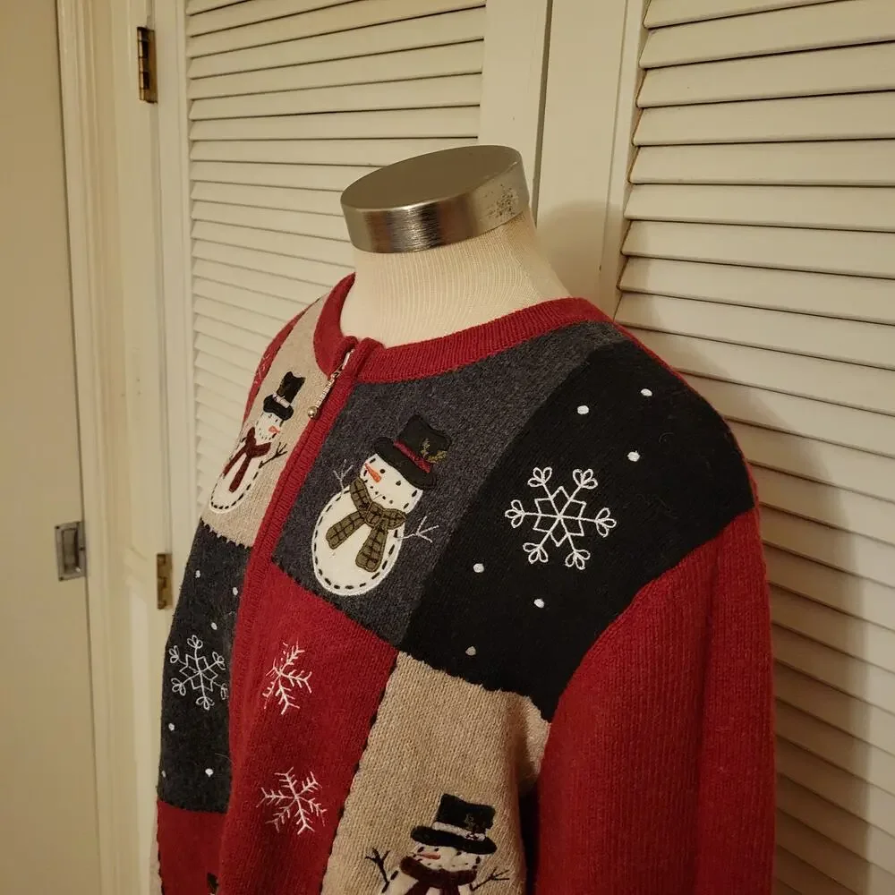 Cottagecore Patchwork Snowman Embroidered Zip Up Cardigan Sweater Large Ramie-Wo